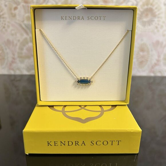 Kendra Scott Eva Framed Pendant Necklace Blue Glass 14k‎ Gold Plated Dainty - Picture 1 of 5